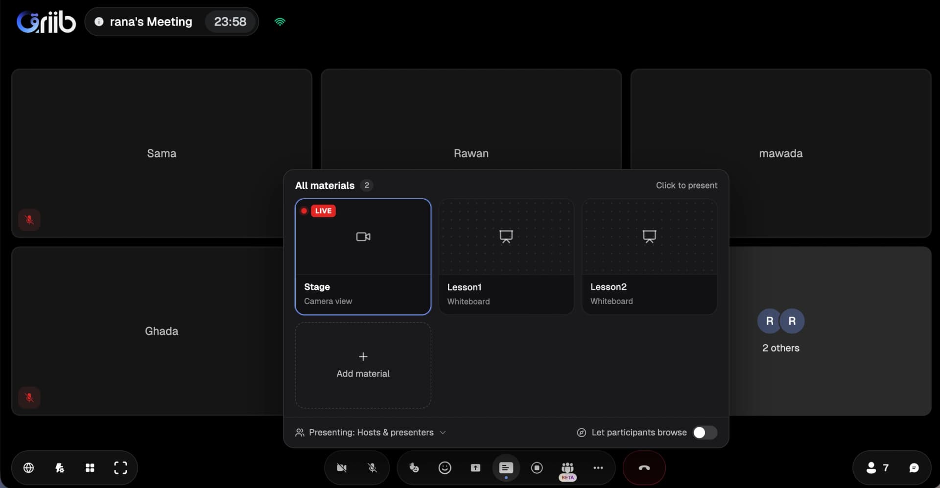 All materials in Qriib Meetings, with Stage, Lesson1 and Lesson2 whiteboards, Add material, presentation permissions, and Let participants browse.